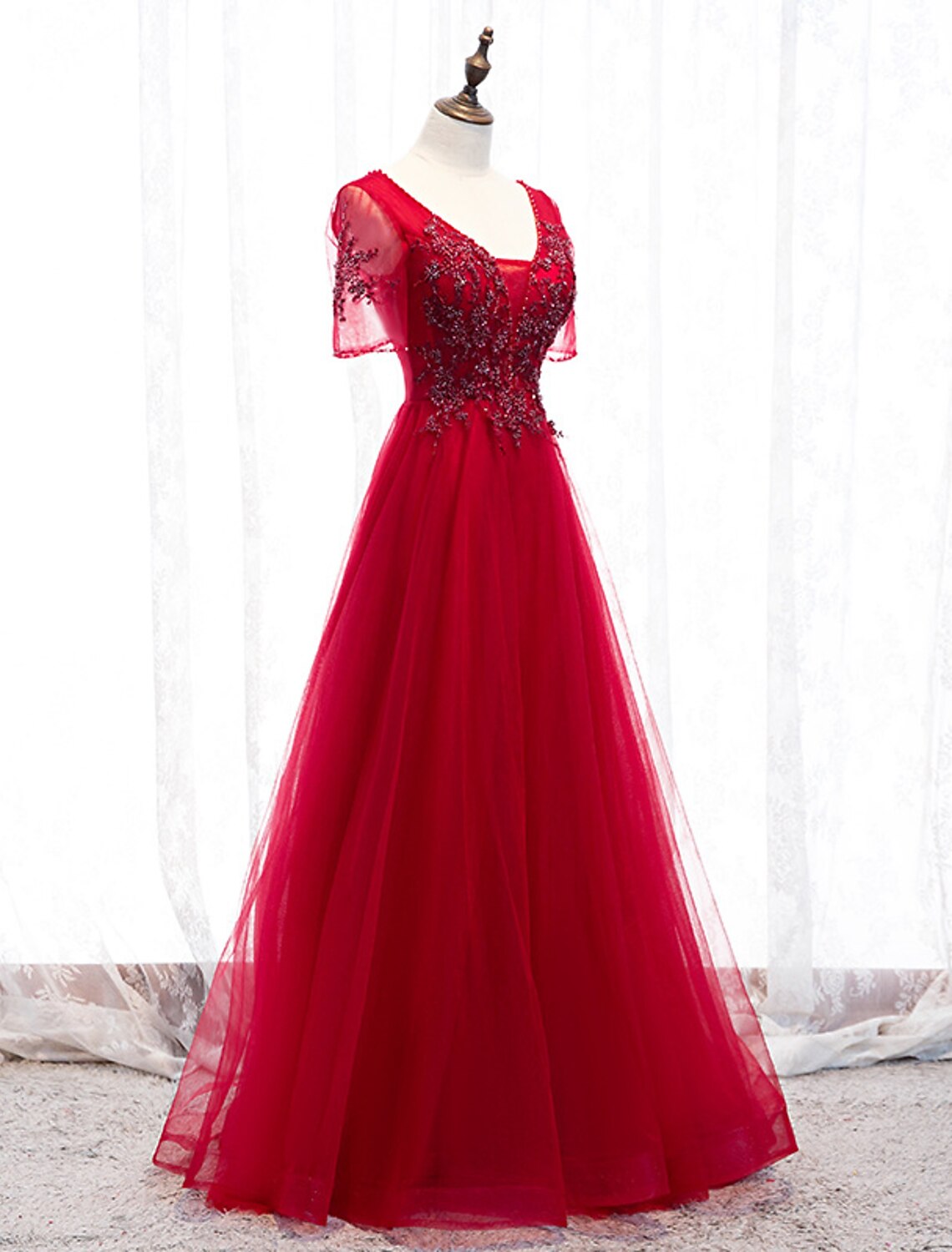 A-Linie Ballkleider Luxuriöses Kleid für Hochzeitsgäste, formeller Abend, bodenlang, kurze Ärmel, Spaghettiträger, Tüll mit Perlenapplikationen